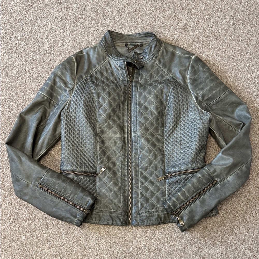 Women's Quilted Faux Leather Jacket - Gray with hints of light Green.